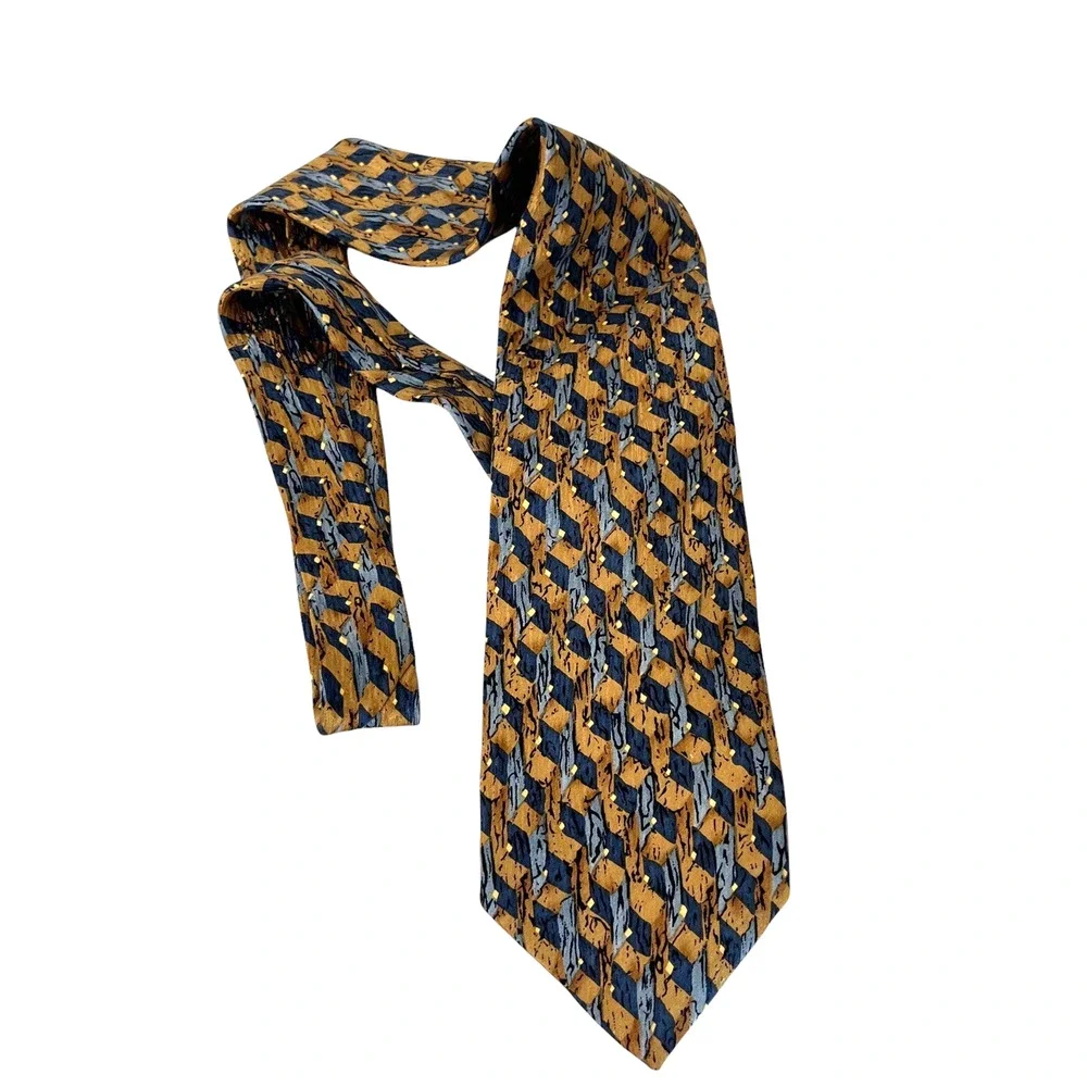 Vintage Cocktail Collection Novelty Label Mens Silk Tie 1990 Blue Gold Geometric